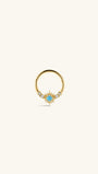 KOSINER Étoile 14K Solid Gold Elegant Turquoise Sun Daith Clicker side profile, seamless hinged clicker ring design, sunburst setting with center turquoise and surrounding sparkling CZ stones, premium solid gold daith piercing jewelry