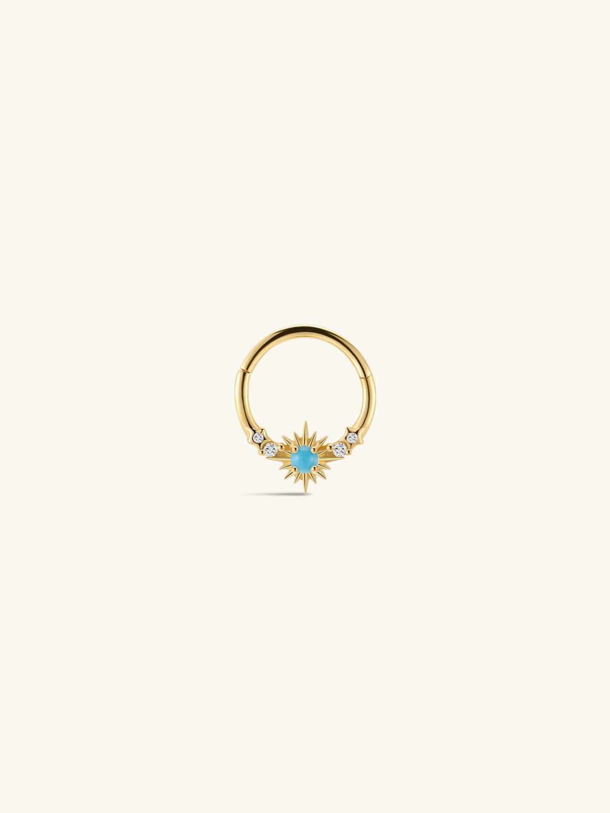 KOSINER Étoile 14K Solid Gold Elegant Turquoise Sun Daith Clicker side profile, seamless hinged clicker ring design, sunburst setting with center turquoise and surrounding sparkling CZ stones, premium solid gold daith piercing jewelry