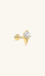 KOSINER Prism Collection 14K solid gold solitaire triangle flat back stud, three-prong set round single cubic zirconia top, sharp pointed triangular base, internally threaded hypoallergenic cartilage piercing stud for multi-position ear piercings