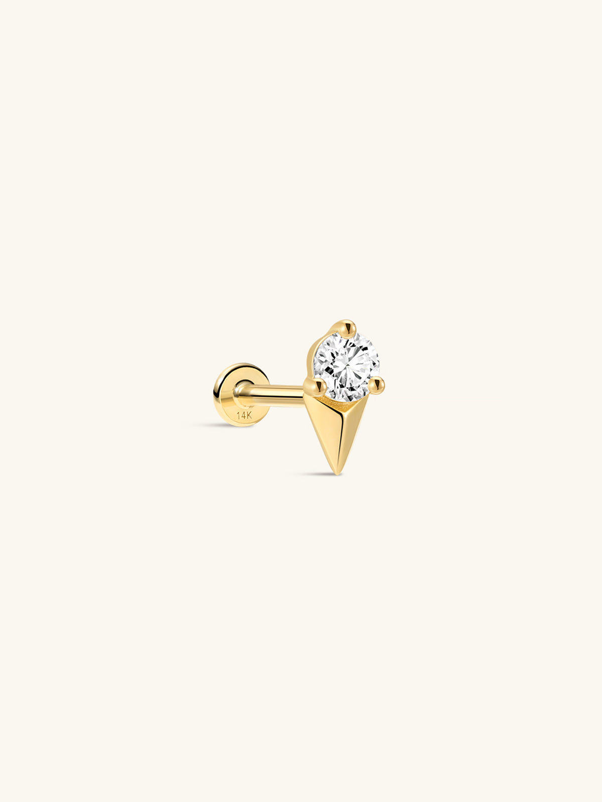 KOSINER Prism Collection 14K solid gold solitaire triangle flat back stud, three-prong set round single cubic zirconia top, sharp pointed triangular base, internally threaded hypoallergenic cartilage piercing stud for multi-position ear piercings