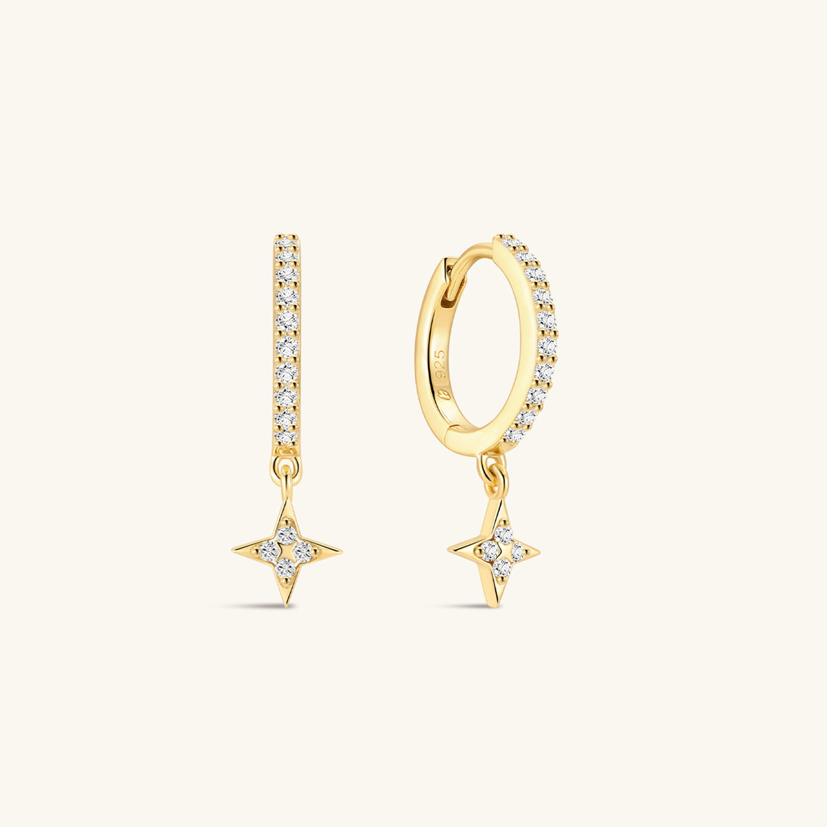 Pair of KOSINER Starlight 925 sterling silver gold star drop huggie hoop earrings, full pave cz band with four-point star cubic zirconia charm, fine minimalist women’s earrings
