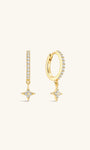 Pair of KOSINER Starlight 925 sterling silver gold star drop huggie hoop earrings, full pave cz band with four-point star cubic zirconia charm, fine minimalist women’s earrings