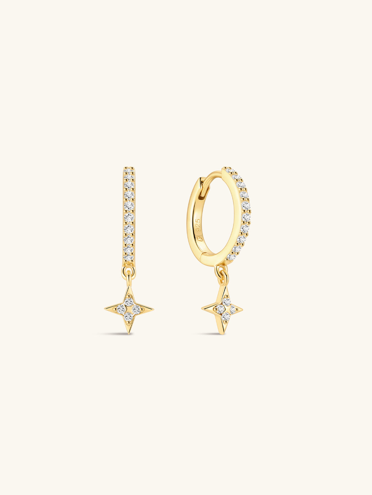 Pair of KOSINER Starlight 925 sterling silver gold star drop huggie hoop earrings, full pave cz band with four-point star cubic zirconia charm, fine minimalist women’s earrings