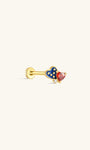 KOSINER 925 Sterling Silver Independence Day Patriotic Heart Flat Back Stud, interlocking double heart design, one heart with blue enamel & golden star details, the other set with red heart-cut crystal, tiny clear accent stone, hypoallergenic internally threaded cartilage piercing earring for 4th of July holiday