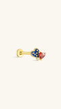KOSINER 925 Sterling Silver Independence Day Patriotic Heart Flat Back Stud, interlocking double heart design, one heart with blue enamel & golden star details, the other set with red heart-cut crystal, tiny clear accent stone, hypoallergenic internally threaded cartilage piercing earring for 4th of July holiday
