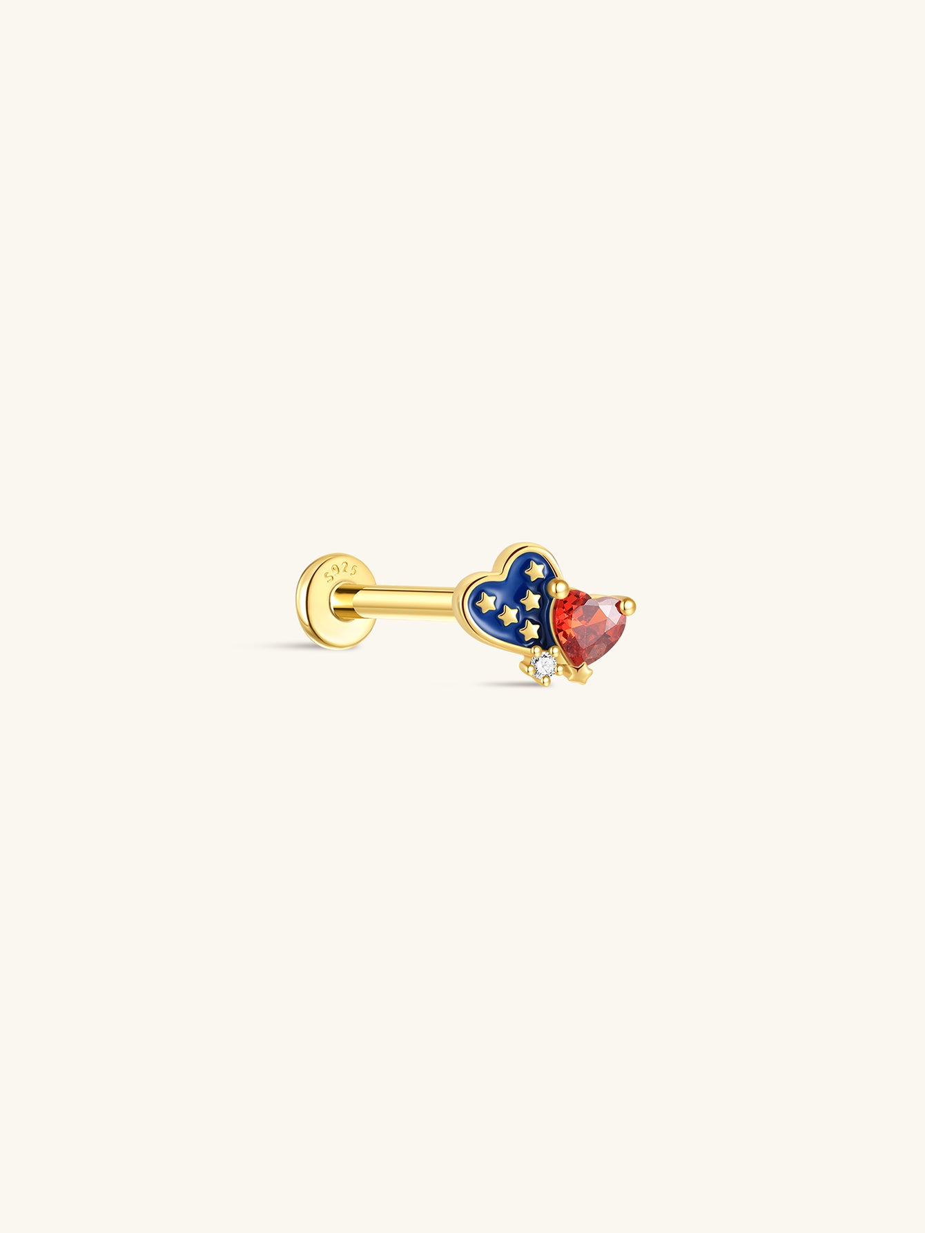 KOSINER 925 Sterling Silver Independence Day Patriotic Heart Flat Back Stud, interlocking double heart design, one heart with blue enamel & golden star details, the other set with red heart-cut crystal, tiny clear accent stone, hypoallergenic internally threaded cartilage piercing earring for 4th of July holiday