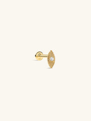 KOSINER Étoile 14K Solid Gold Elegant Marquise Flat Back Stud, elongated marquise silhouette with radiating sunburst textured detailing, center round clear cubic zirconia accent, hypoallergenic internally threaded cartilage piercing earring for curated ear stacking