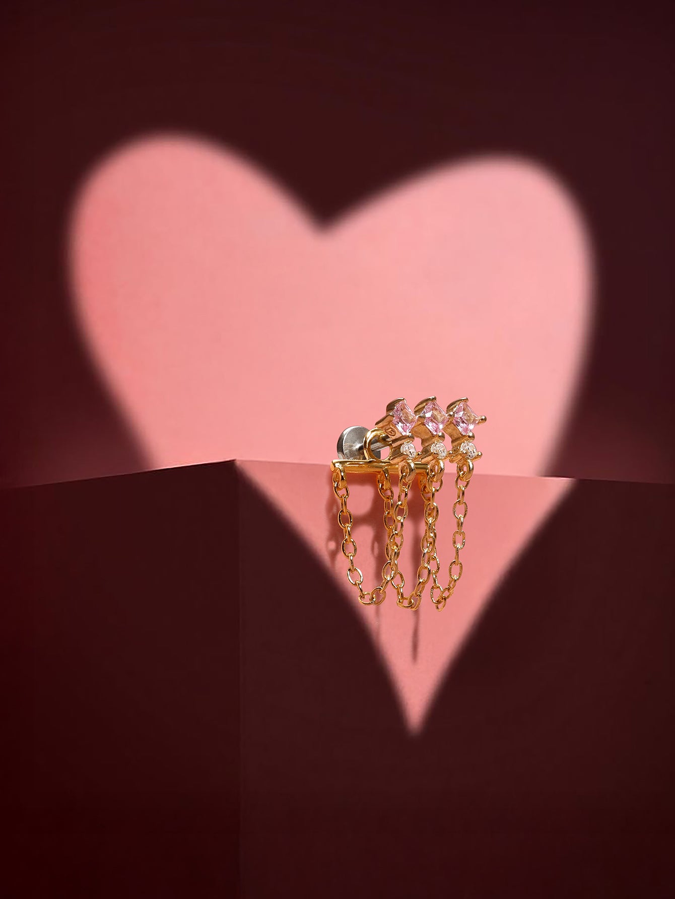 Pink Ritual Triple Chain Stud – 925 Sterling Silver Pink CZ Flatback