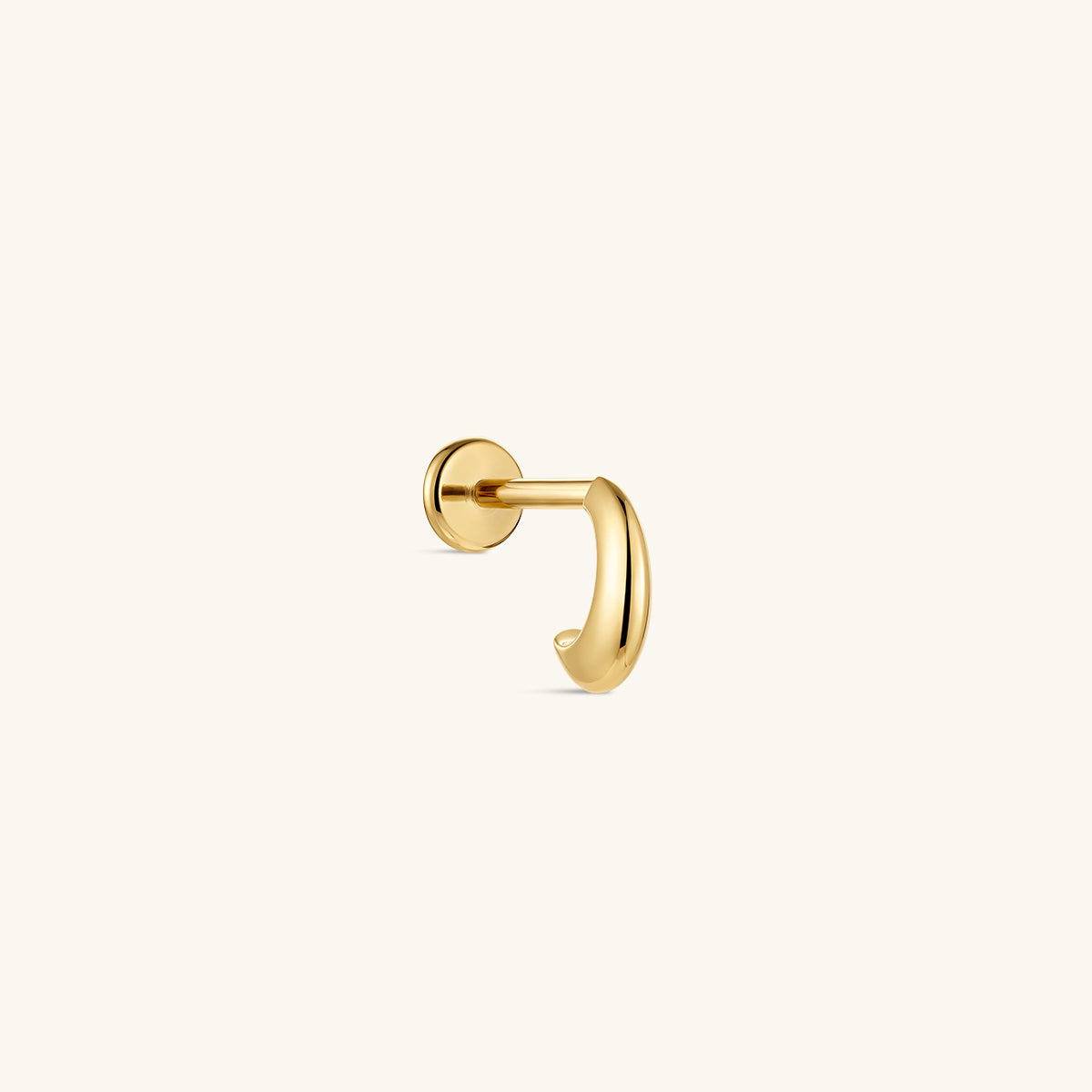 KOSINER 14K solid gold minimalist teardrop C-shape flat back stud, internally threaded cartilage piercing jewelry with polished curved front and round flat back base, isolated on plain off-white background