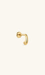 KOSINER 14K solid gold minimalist teardrop C-shape flat back stud, internally threaded cartilage piercing jewelry with polished curved front and round flat back base, isolated on plain off-white background