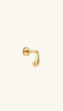 KOSINER 14K solid gold minimalist teardrop C-shape flat back stud, internally threaded cartilage piercing jewelry with polished curved front and round flat back base, isolated on plain off-white background