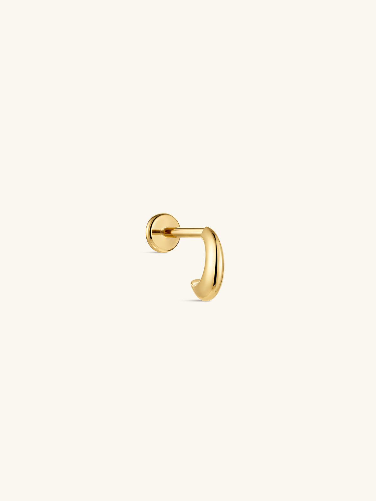 KOSINER 14K solid gold minimalist teardrop C-shape flat back stud, internally threaded cartilage piercing jewelry with polished curved front and round flat back base, isolated on plain off-white background