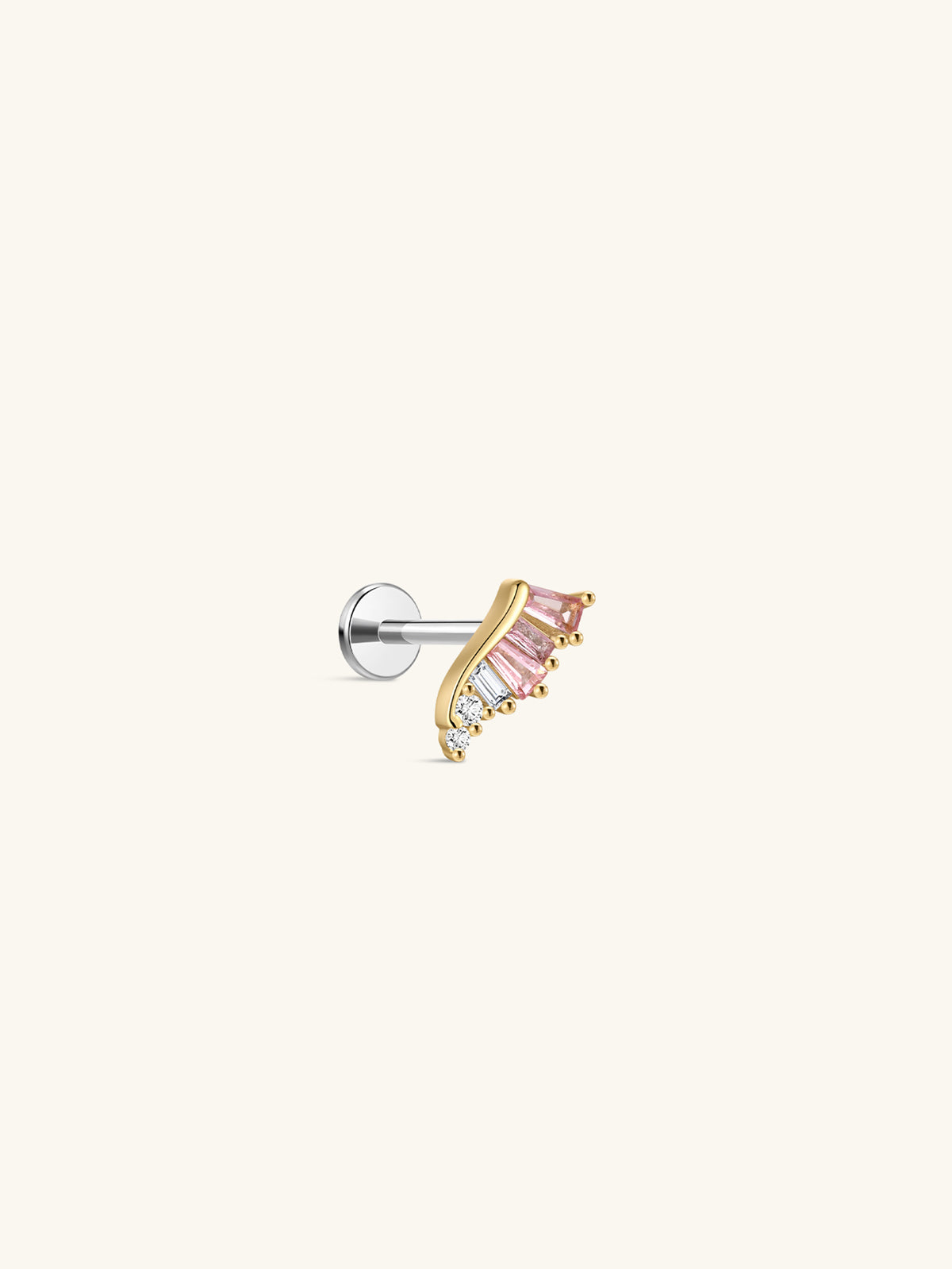 KOSINER Pink Ritual 925 sterling silver romantic wing flat back stud, polished gold wing frame inlaid with gradient pink baguette-cut gems and clear round crystals, hypoallergenic internally threaded cartilage piercing earring