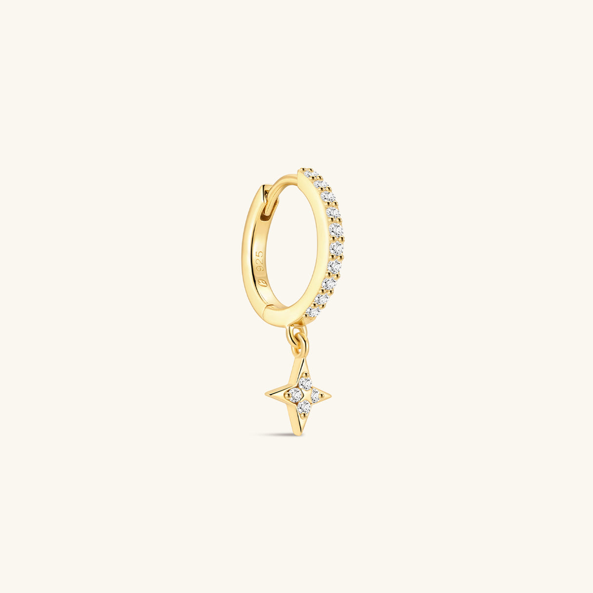 Pair of KOSINER Starlight 925 sterling silver gold star drop huggie hoop earrings, full pave cz band with four-point star cubic zirconia charm, fine minimalist women’s earrings