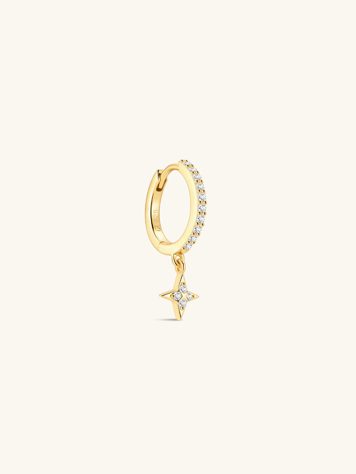 Pair of KOSINER Starlight 925 sterling silver gold star drop huggie hoop earrings, full pave cz band with four-point star cubic zirconia charm, fine minimalist women’s earrings