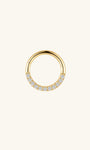 14K solid gold hoop earring with pave cubic zirconia crystals on a light background.