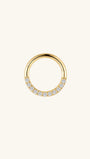 14K solid gold hoop earring with pave cubic zirconia crystals on a light background.