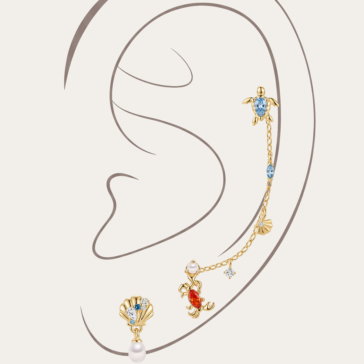 Gold plated 925 sterling silver ocean sea life piercing set on minimalist ear outline, includes turtle cartilage stud, crab labret stud, pearl shell dangle stud and dual-hole shell crystal chain ear cuff, blue red cubic zirconia & freshwater pearl marine jewelry