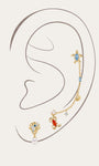 Gold plated 925 sterling silver ocean sea life piercing set on minimalist ear outline, includes turtle cartilage stud, crab labret stud, pearl shell dangle stud and dual-hole shell crystal chain ear cuff, blue red cubic zirconia & freshwater pearl marine jewelry