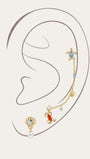 Gold plated 925 sterling silver ocean sea life piercing set on minimalist ear outline, includes turtle cartilage stud, crab labret stud, pearl shell dangle stud and dual-hole shell crystal chain ear cuff, blue red cubic zirconia & freshwater pearl marine jewelry