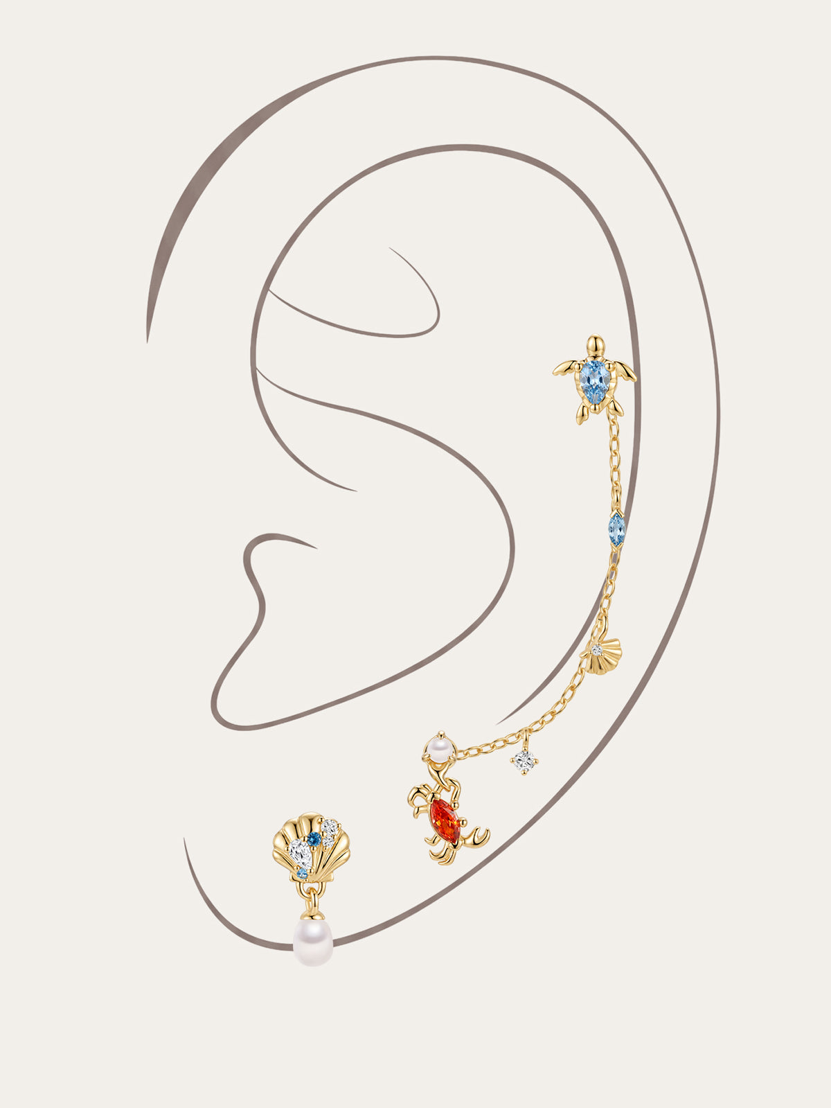 Gold plated 925 sterling silver ocean sea life piercing set on minimalist ear outline, includes turtle cartilage stud, crab labret stud, pearl shell dangle stud and dual-hole shell crystal chain ear cuff, blue red cubic zirconia & freshwater pearl marine jewelry