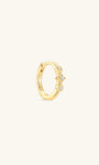 Pair of KOSINER Starlight minimalist hoop earrings front view, polished 925 sterling silver base plated in 18K gold vermeil, hinged clicker hoop detailed with central four-point star set with clear cubic zirconia, flanked by two round bezel-set CZ accents, inner band stamped 925 sterling silver marking