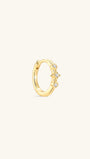 Pair of KOSINER Starlight minimalist hoop earrings front view, polished 925 sterling silver base plated in 18K gold vermeil, hinged clicker hoop detailed with central four-point star set with clear cubic zirconia, flanked by two round bezel-set CZ accents, inner band stamped 925 sterling silver marking