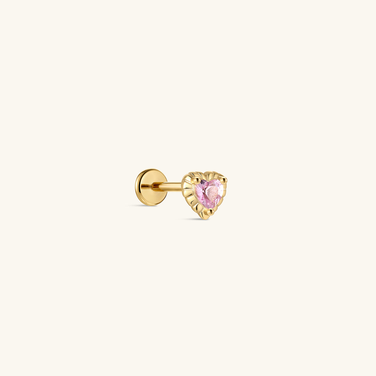 KOSINER Pink Ritual 925 sterling silver romantic heart flat back stud, textured gold heart bezel set with vivid pink heart-shaped gemstone, internally threaded hypoallergenic piercing earring