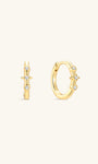 Pair of KOSINER Starlight minimalist hoop earrings front view, polished 925 sterling silver base plated in 18K gold vermeil, hinged clicker hoop detailed with central four-point star set with clear cubic zirconia, flanked by two round bezel-set CZ accents, inner band stamped 925 sterling silver marking