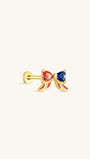 KOSINER 925 Sterling Silver Independence Day Patriotic Bow Flat Back Stud, bow design set with red and blue heart-shaped crystals, central tiny star detail, red & white patriotic enamel accents, hypoallergenic internally threaded cartilage piercing earring for 4th of July holiday