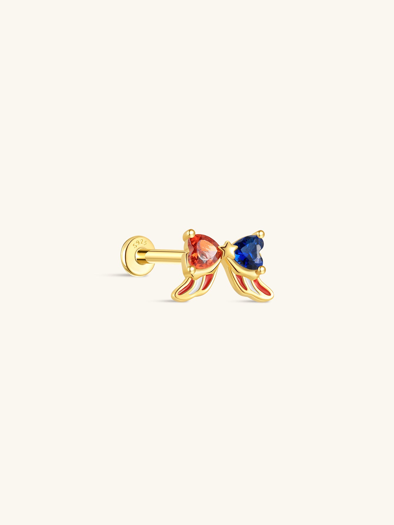 KOSINER 925 Sterling Silver Independence Day Patriotic Bow Flat Back Stud, bow design set with red and blue heart-shaped crystals, central tiny star detail, red & white patriotic enamel accents, hypoallergenic internally threaded cartilage piercing earring for 4th of July holiday