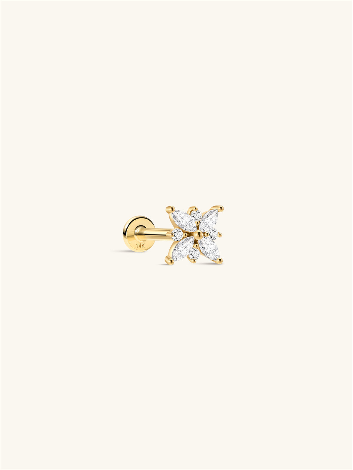 KOSINER 14K Solid Gold Floral Flat Back Stud, Hypoallergenic Cartilage Earring for Helix Piercing