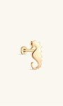 Side profile shot of KOSINER 14K solid gold whale flat back stud, internally threaded post stamped 14K, polished 3D whale silhouette with detailed texture on the body, cute ocean animal cartilage piercing stud