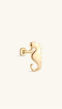Side profile shot of KOSINER 14K solid gold whale flat back stud, internally threaded post stamped 14K, polished 3D whale silhouette with detailed texture on the body, cute ocean animal cartilage piercing stud