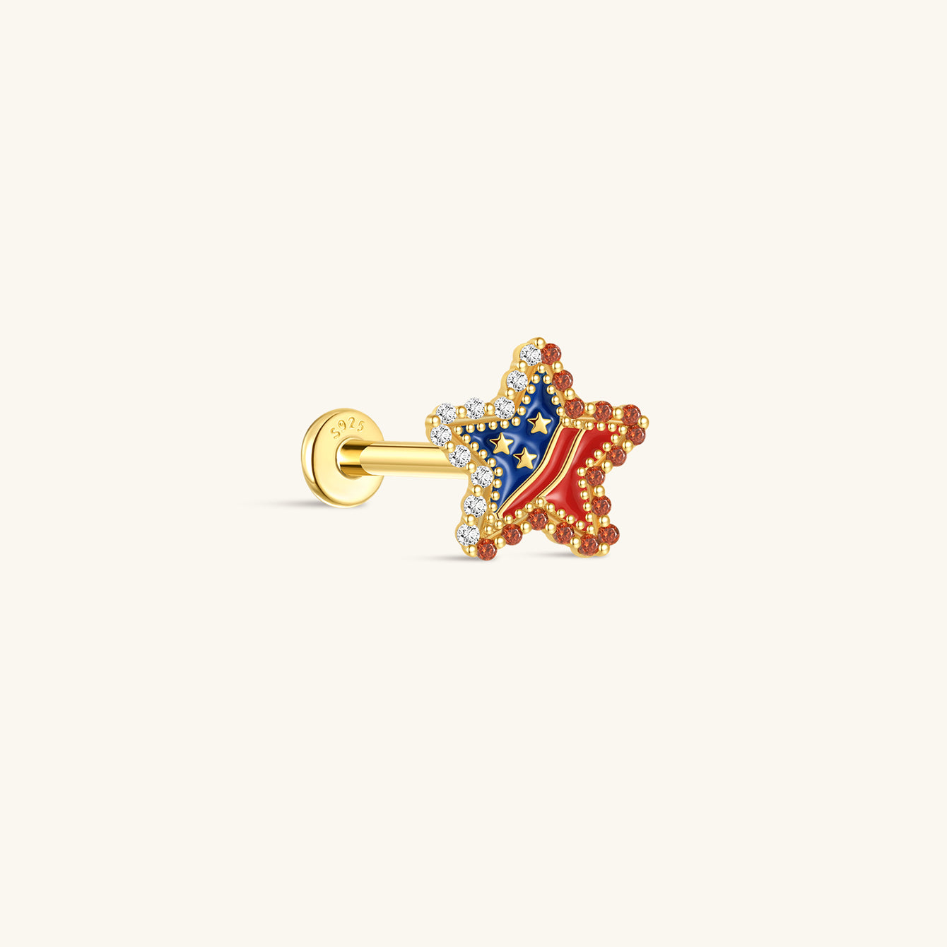 KOSINER 925 Sterling Silver Independence Day Patriotic Star Flat Back Stud, five-pointed star design decorated with USA red & blue enamel, inner tiny star details, bordered with red and clear round crystals, hypoallergenic internally threaded cartilage piercing earring for 4th of July