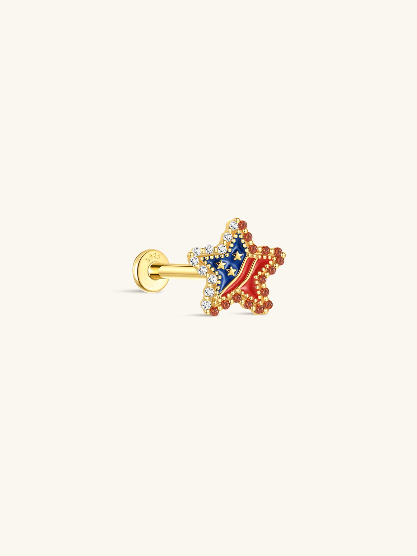 KOSINER 925 Sterling Silver Independence Day Patriotic Star Flat Back Stud, five-pointed star design decorated with USA red & blue enamel, inner tiny star details, bordered with red and clear round crystals, hypoallergenic internally threaded cartilage piercing earring for 4th of July