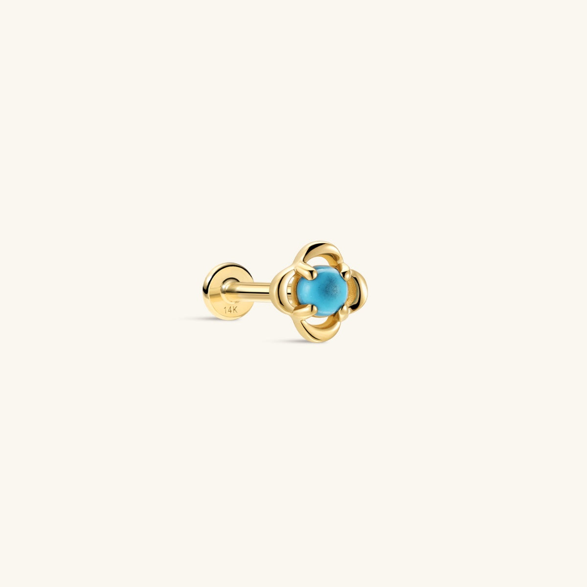 KOSINER Étoile 14K Solid Gold Minimalist Turquoise Clover Flat Back Stud, hollow clover silhouette with polished gold frame, prong-set round turquoise center stone, hypoallergenic internally threaded piercing earring for vintage curated ear stacking