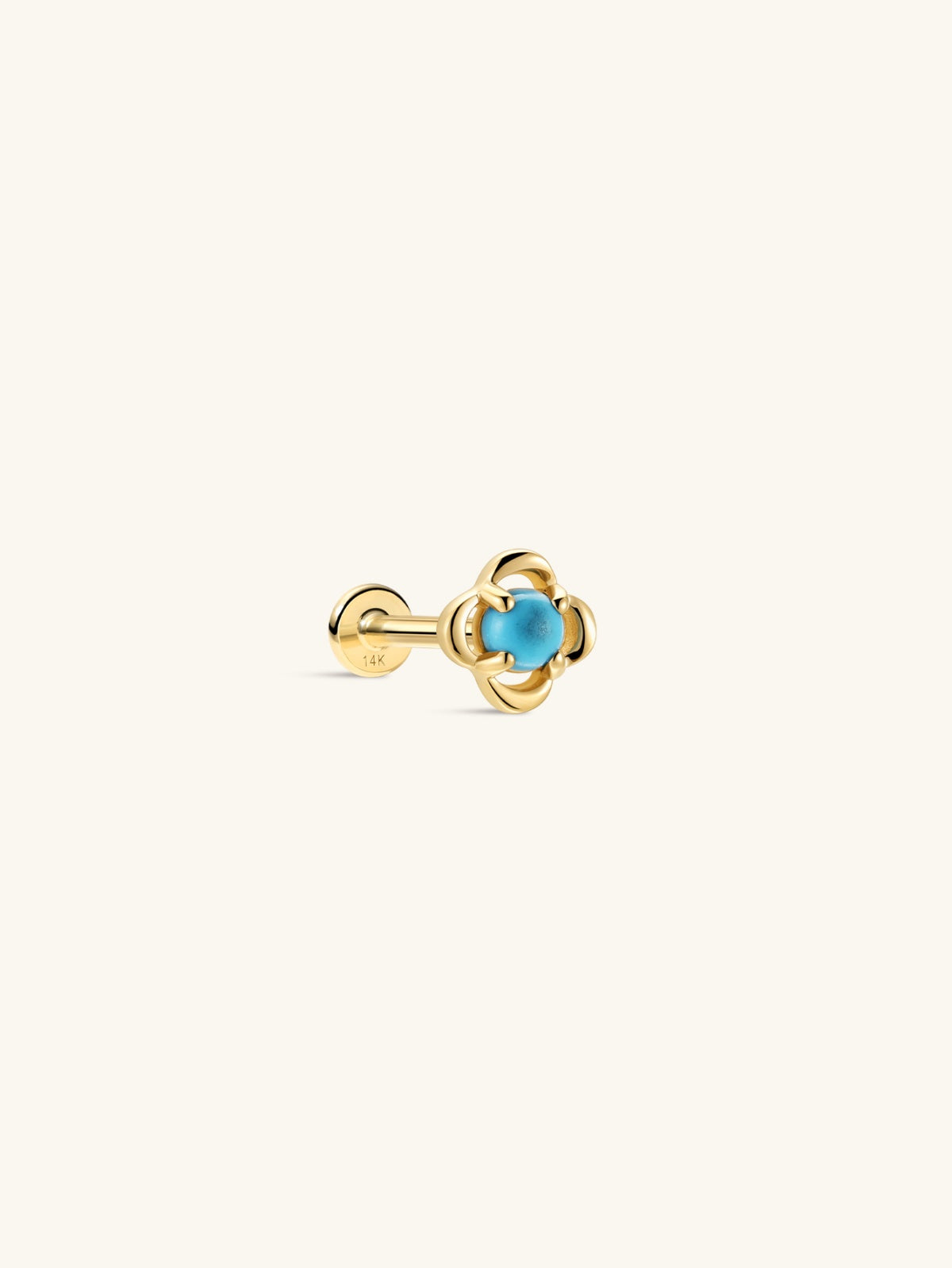 KOSINER Étoile 14K Solid Gold Minimalist Turquoise Clover Flat Back Stud, hollow clover silhouette with polished gold frame, prong-set round turquoise center stone, hypoallergenic internally threaded piercing earring for vintage curated ear stacking