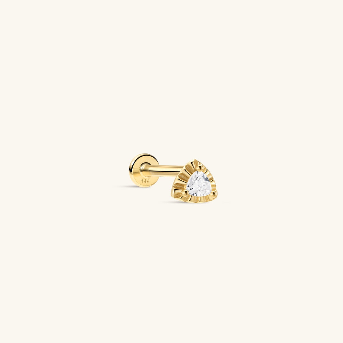 KOSINER Étoile 14K Solid Gold Dainty Triangular Flat Back Stud, soft triangle silhouette with textured sunburst bezel, center trillion-cut clear cubic zirconia, internally threaded hypoallergenic cartilage piercing earring for everyday delicate ear stacking