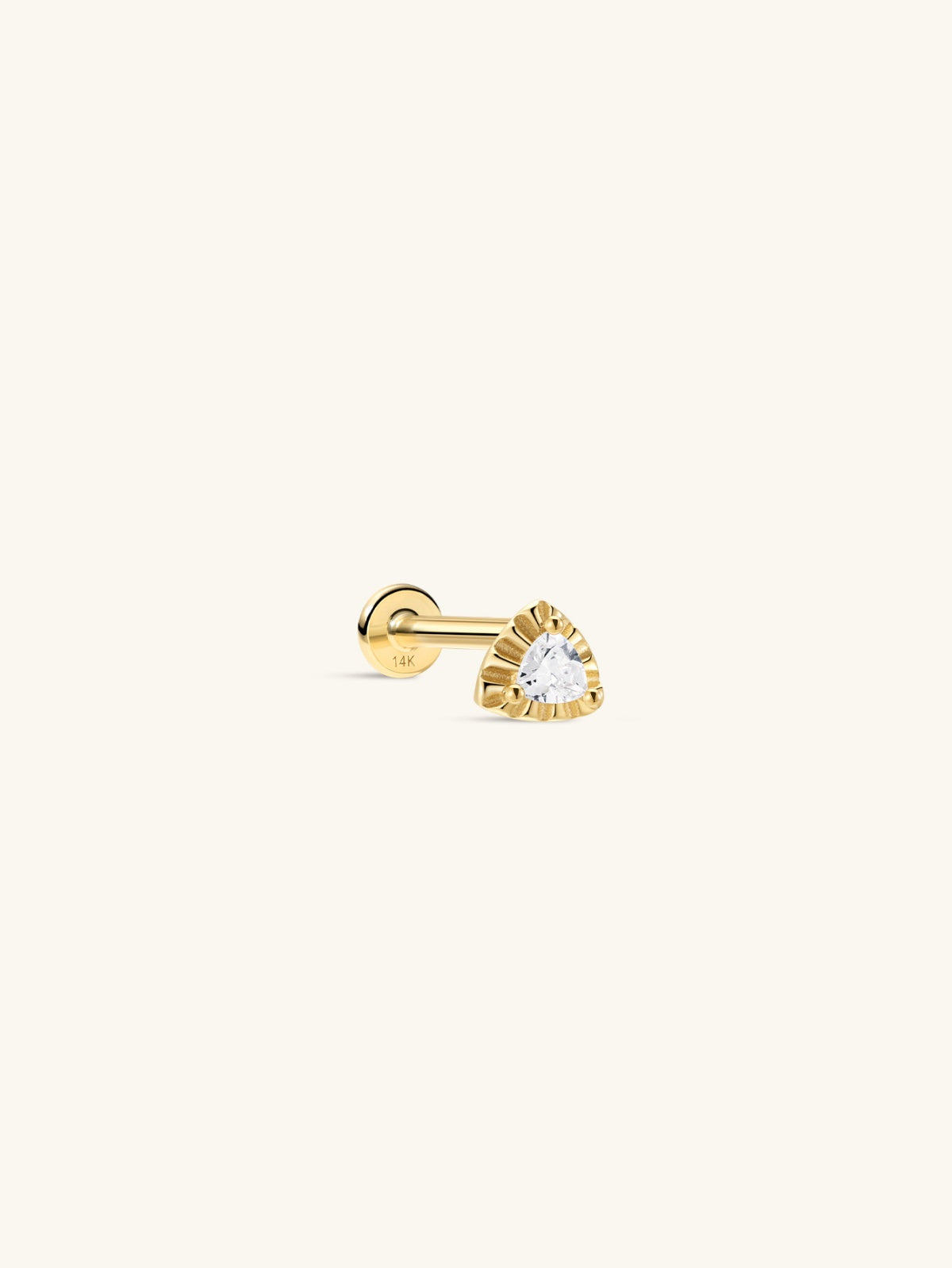 KOSINER Étoile 14K Solid Gold Dainty Triangular Flat Back Stud, soft triangle silhouette with textured sunburst bezel, center trillion-cut clear cubic zirconia, internally threaded hypoallergenic cartilage piercing earring for everyday delicate ear stacking
