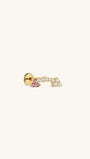 KOSINER Pink Ritual 925 sterling silver two-tone arrow flat back stud, symmetrical curved gold frame inlaid with pink round gems and clear white crystals, hypoallergenic internally threaded cartilage piercing earring