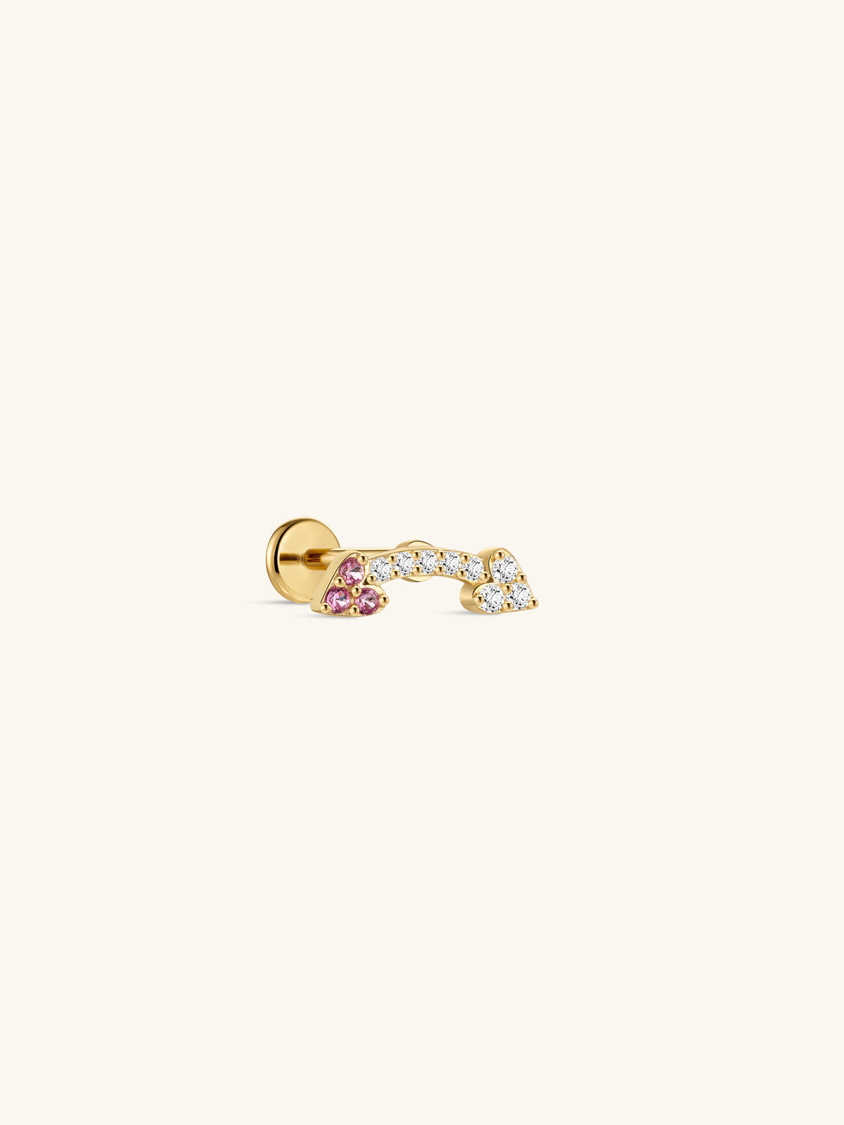 KOSINER Pink Ritual 925 sterling silver two-tone arrow flat back stud, symmetrical curved gold frame inlaid with pink round gems and clear white crystals, hypoallergenic internally threaded cartilage piercing earring