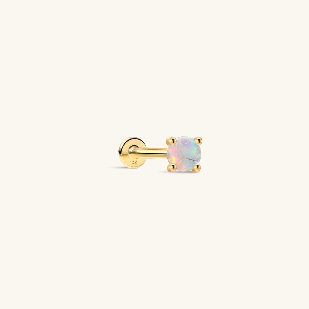 KOSINER 14K Solid Gold Minimal Round Prong-Set Opal Flat Back Piercing Stud, Nickel-Free Waterproof Tiny Rainbow Opal Cartilage Earring for Multi Ear Stack Piercing