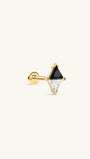 Side profile shot of KOSINER Puzzle 14K solid gold dual triangle flat back stud, internally threaded post marked 14K, prong-set rhombus shape split with top black triangle cz and bottom clear triangle cz, edgy black & white contrast geometric cartilage piercing stud