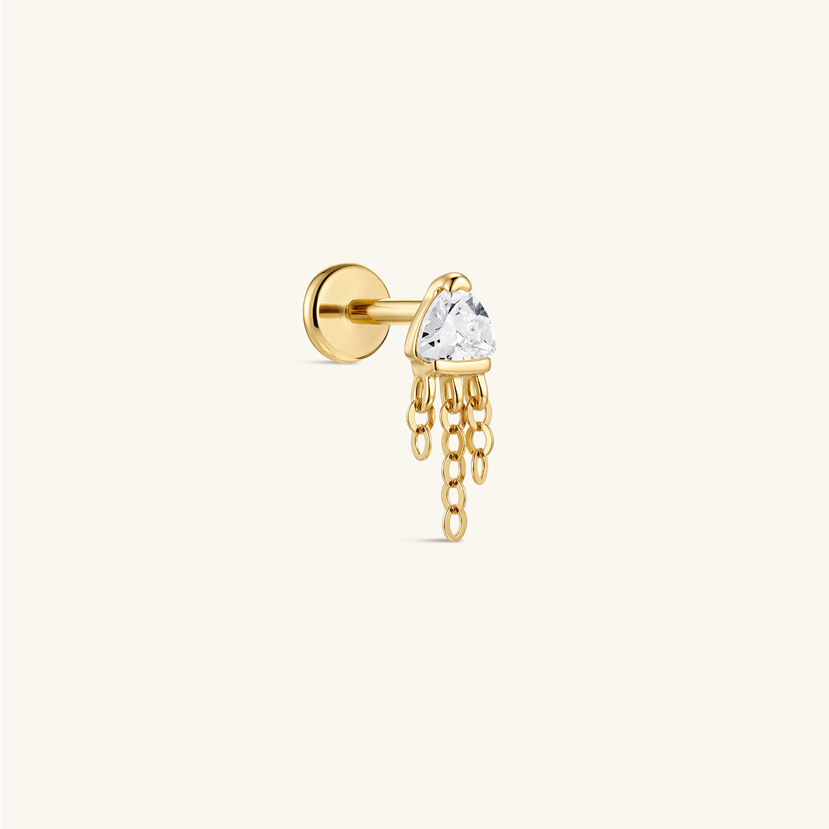 KOSINER 14K solid gold trillion triangle tassel dangle flat back labret stud, dangling chain cartilage piercing earring