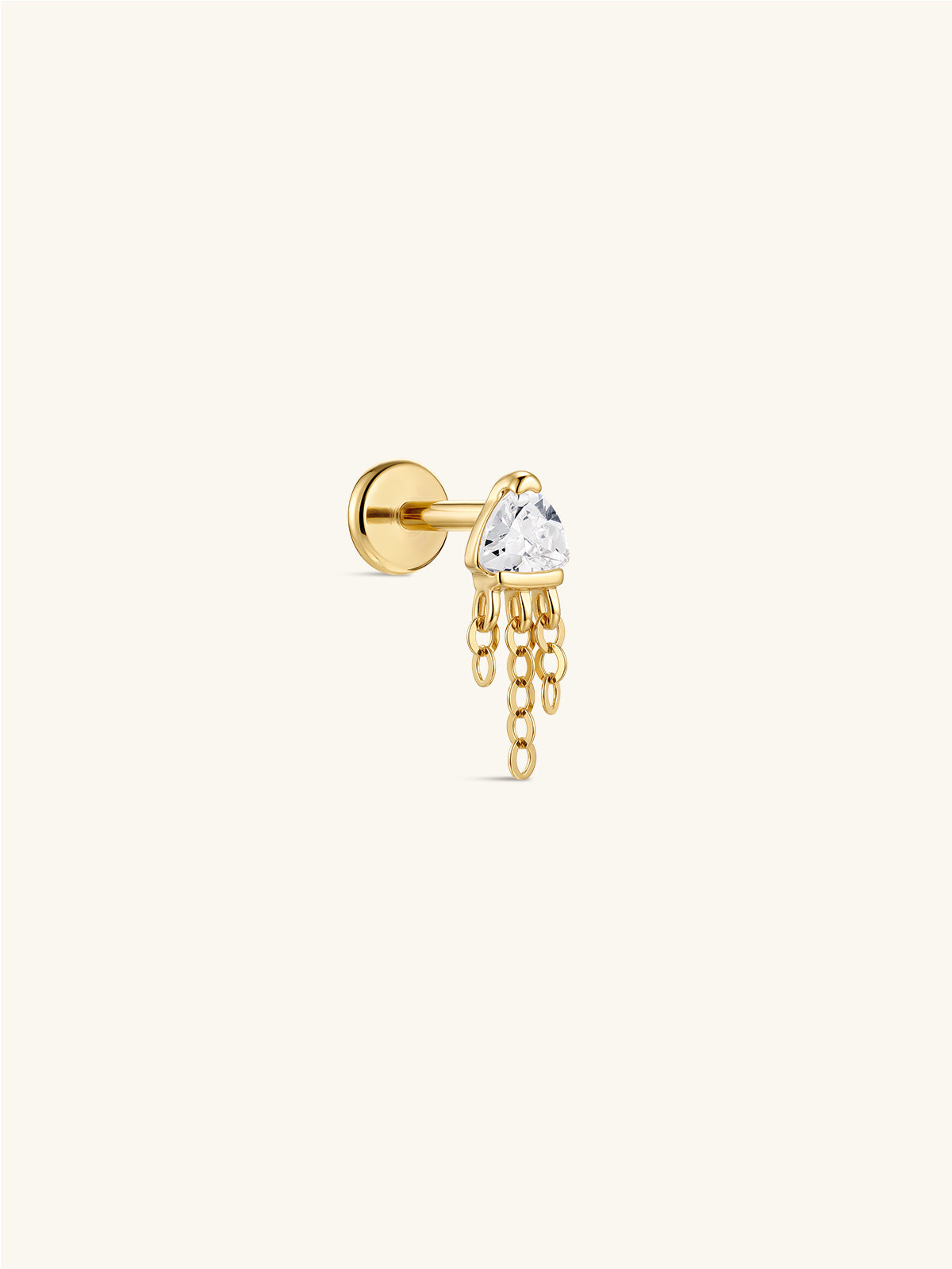 KOSINER 14K solid gold trillion triangle tassel dangle flat back labret stud, dangling chain cartilage piercing earring