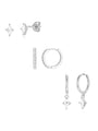 18k gold-plated 3-piece earring set with quadrilateral cubic zirconia studs, pave huggie hoops, and pendant drop hoops.