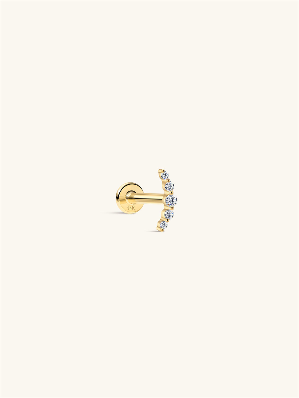 KOSINER 14K Solid Gold Dainty Pave Crescent Flat Back Stud, five graduated round stones, internally threaded, available in lab diamond or AAAAA zirconia