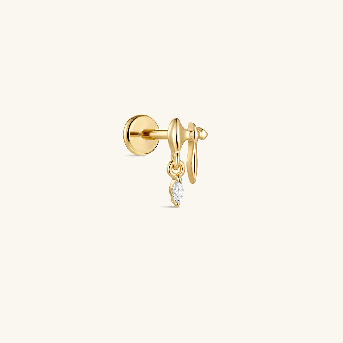 14K solid gold battle axe drop flat back labret stud, dangling marquise CZ axe cartilage piercing earring, side front view on cream neutral background