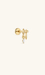 14K solid gold battle axe drop flat back labret stud, dangling marquise CZ axe cartilage piercing earring, side front view on cream neutral background